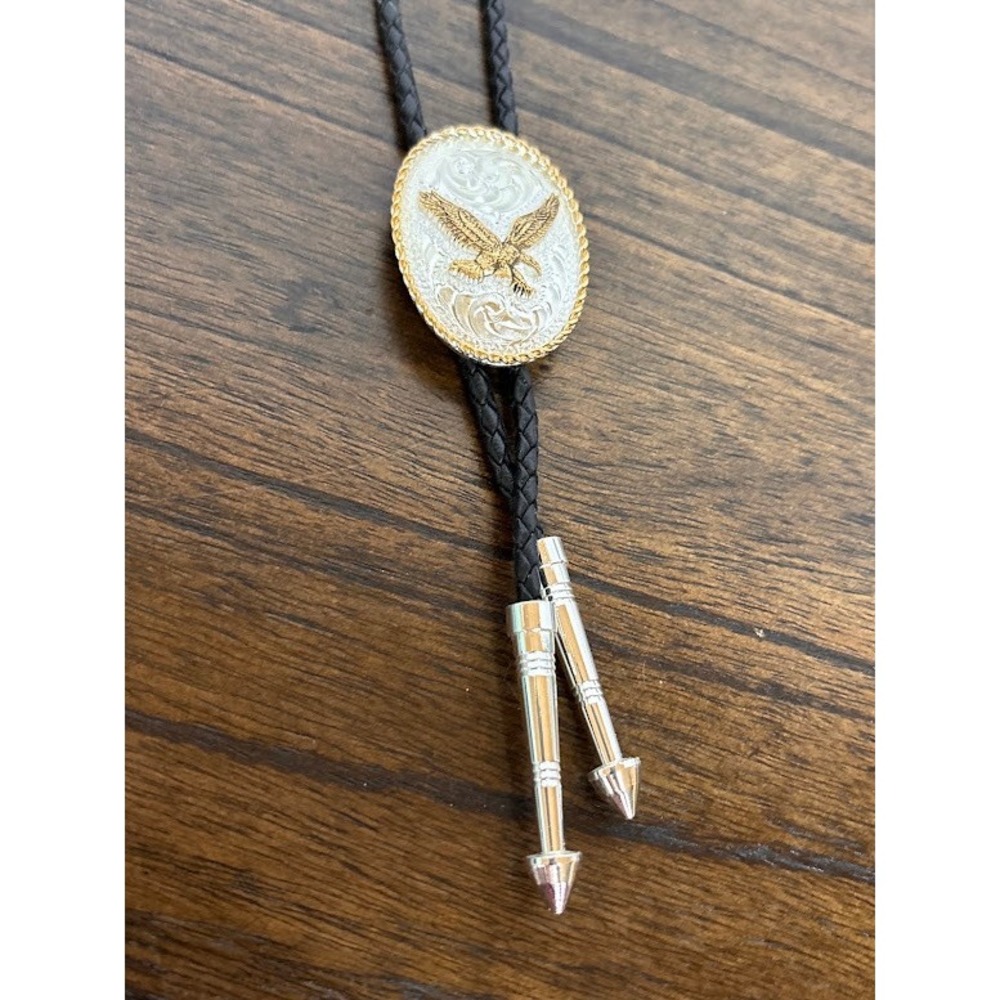 Montana Silversmiths Soaring Eagle Western Bolo Tie Silver Gold Tone Black Cord